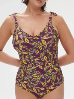 Maillot de bain 1 pièce bonnet mousse sans armature - Imprimé Violet Agadir