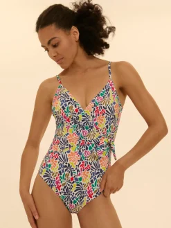 Maillot de bain 1 pièce bonnet mousse sans armature - Imprimé tropico blanc
