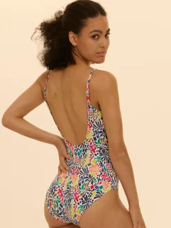 Maillot de bain 1 pièce bonnet mousse sans armature - Imprimé tropico blanc