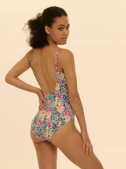 Maillot de bain 1 pièce bonnet mousse sans armature - Imprimé tropico blanc