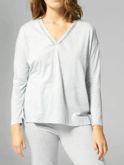 Top manches longues décolleté brodé - Gris minéral