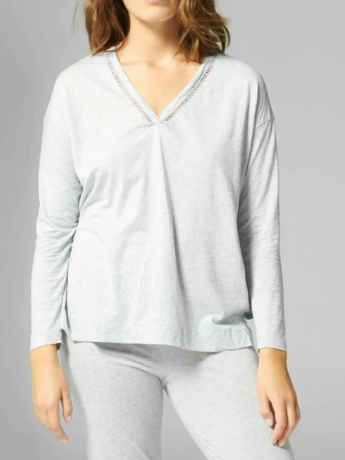 Top manches longues décolleté brodé - Gris minéral