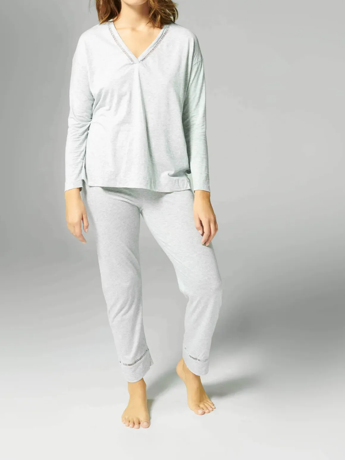Top manches longues décolleté brodé - Gris minéral